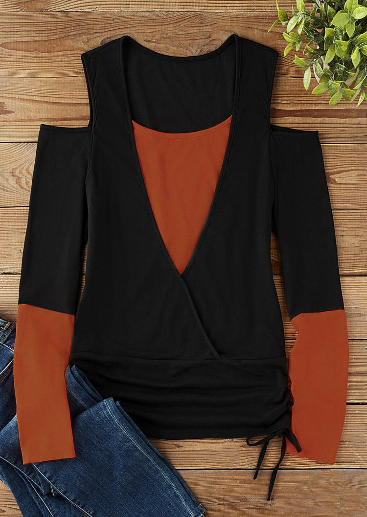 

Blouses Color Block Drawstring Cold Shoulder Fake Two-Piece Blouse in Black. Size: L,M