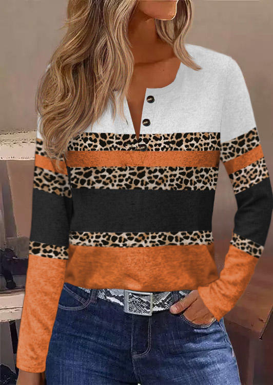 

Blouses Leopard Color Block Button Blouse in Multicolor. Size