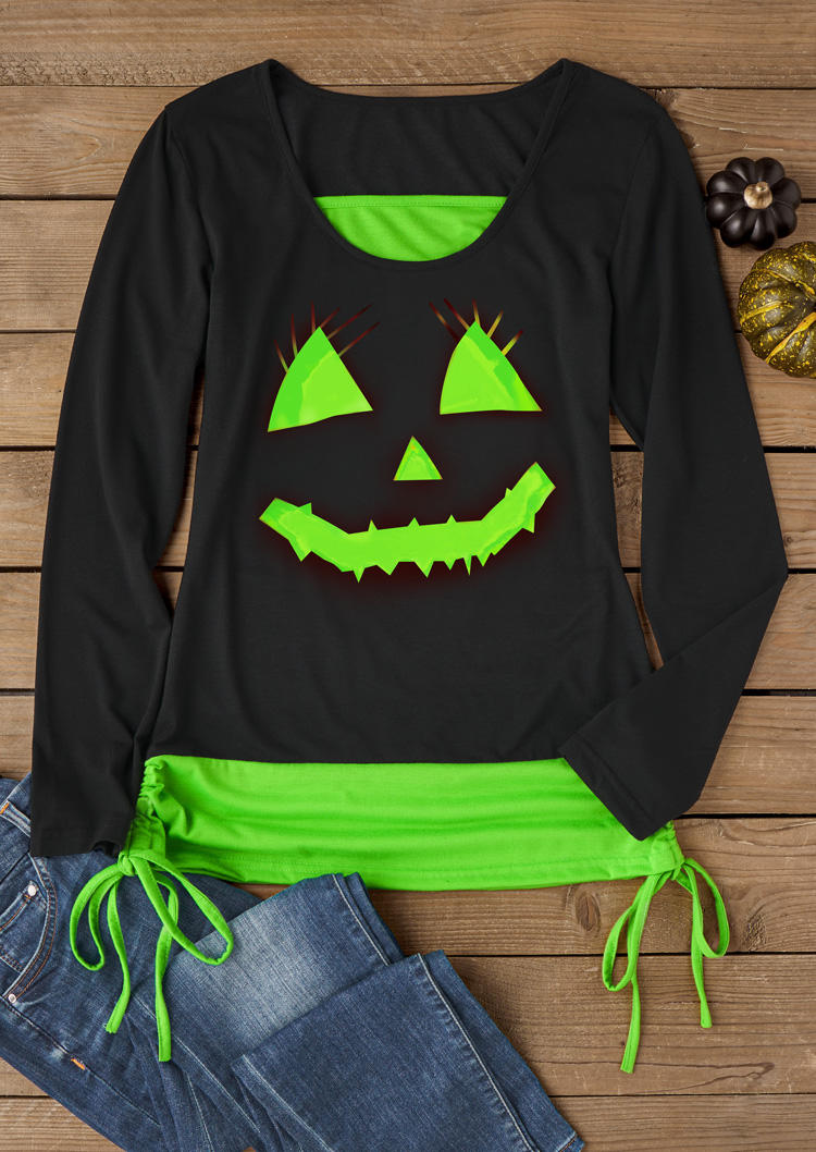 

Blouses Halloween Pumpkin Face Drawstring Fake Two-Piece Blouse in Black. Size: L,M