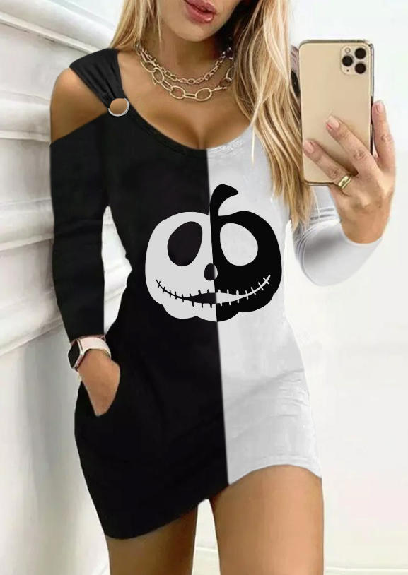 Halloween Color Block Pumpkin Face Pocket Cold Shoulder Mini Dress