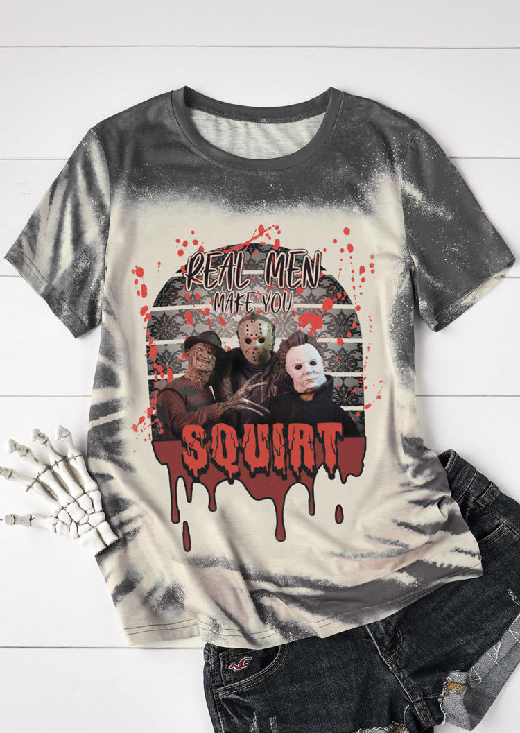 

T-shirts Tees Halloween Real Men Make You Squirt Horror Movie Bleached T-Shirt Tee in Multicolor. Size