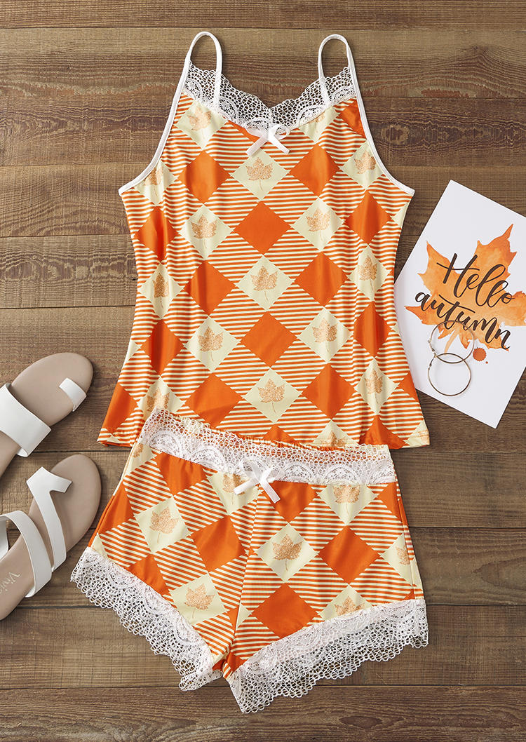 

Sleepwear Plaid Striped Maple Leaf Lace Splicing Camisole And Shorts Pajamas Set in Orange. Size: L,M,,XL