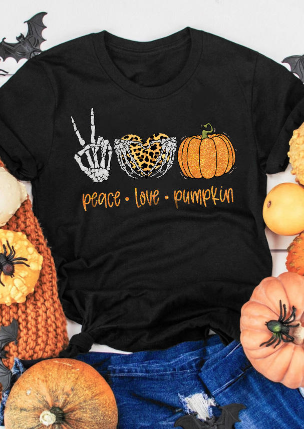 

T-shirts Tees Halloween Peace Love Pumpkin Skeleton Hand Leopard T-Shirt Tee in Black. Size: L,M