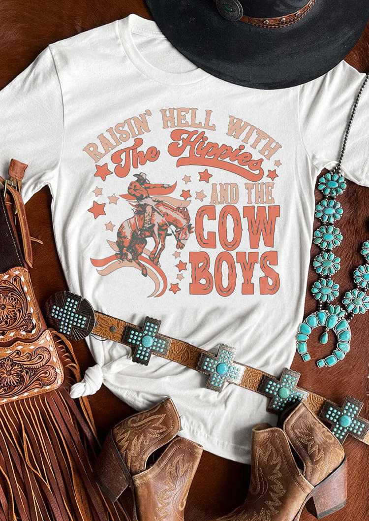 

T-shirts Tees Raising Hell With The Hippies And The Cowboys T-Shirt Tee in White. Size