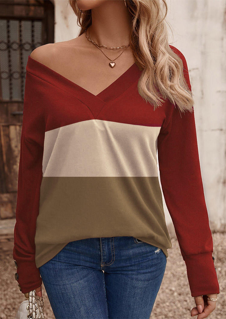 

Blouses Color Block Button V-Neck Blouse in Multicolor. Size