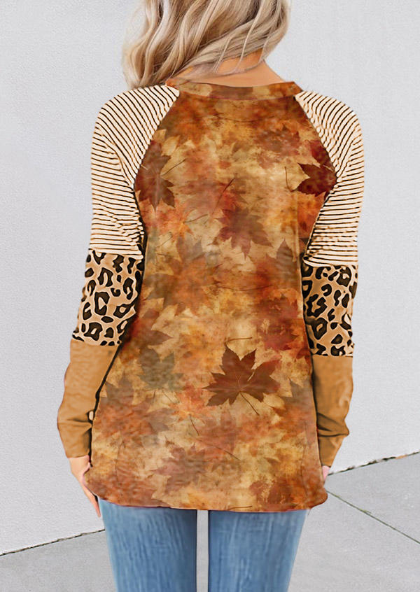 

Blouses Maple Leaf Leopard Striped Raglan Sleeve Blouse in Multicolor. Size