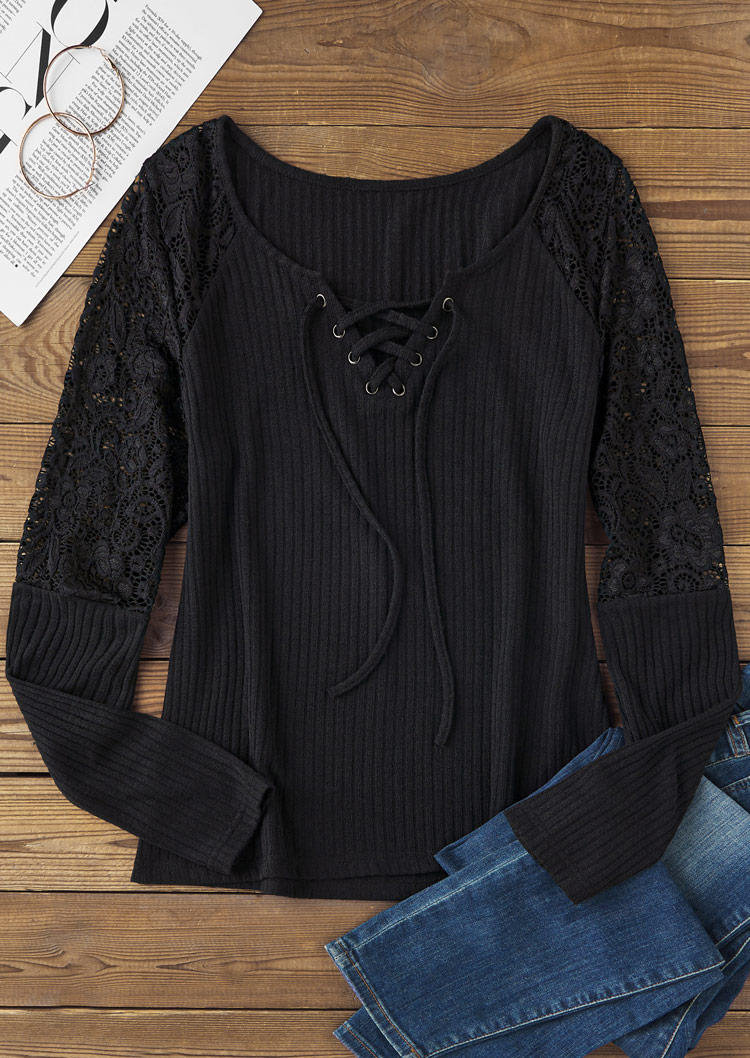 

Blouses Lace Up Lace Splicing Ribbed Blouse in Black. Size