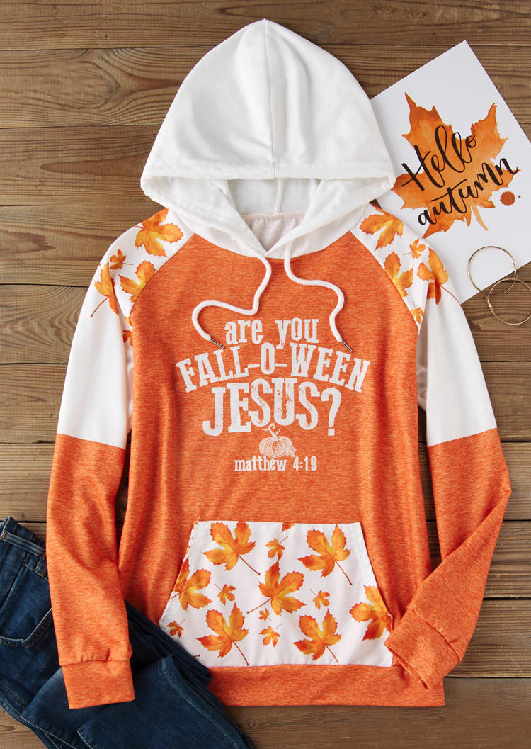 

Hoodies Are You Fall-O-Ween Jesus Maple Leaf Kangaroo Pocket Hoodie in Orange. Size: L,M,,XL