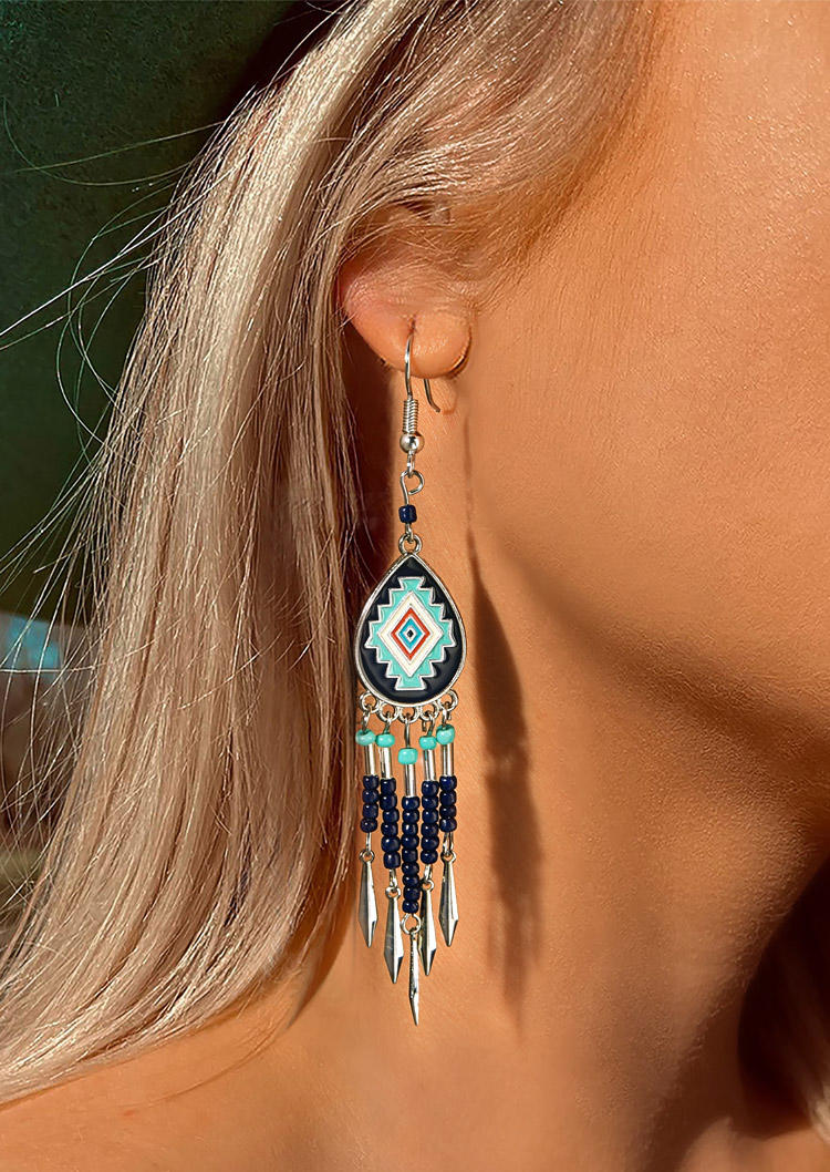 

Earrings Aztec Geometric Beading Tassel Earrings in Blue. Size