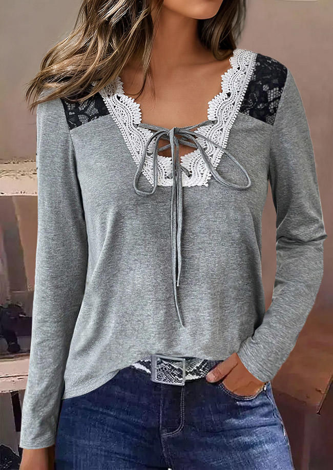 Lace Splicing Tie Long Sleeve Blouse - Gray