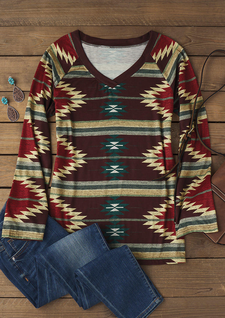 

Blouses Aztec Geometric Raglan Sleeve V-Neck Blouse in Multicolor. Size