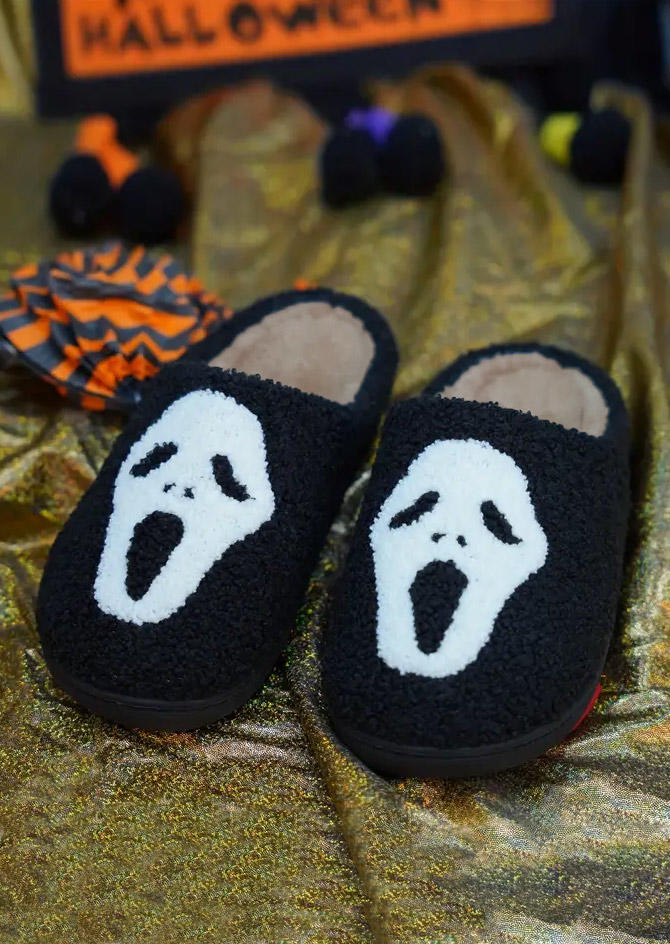 

Slippers Halloween Ghost Face Plush Flat Slippers in Black. Size