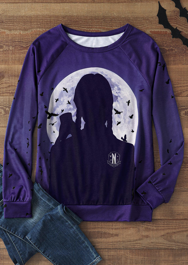 

Sweatshirts Horror Movie Moon Silhouette Birds Sweatshirt in Purple. Size: L,M,,XL
