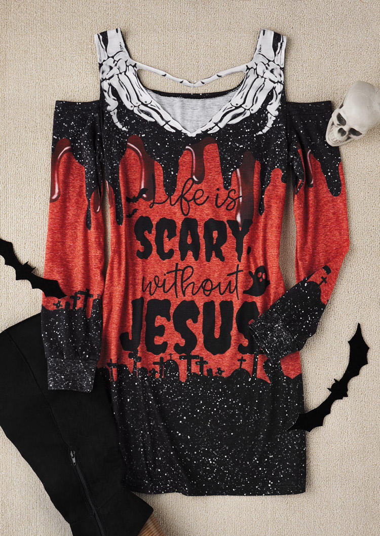 

Mini Dresses Halloween Skeleton Hand Life Is Scary Without Jesus Cold Shoulder Mini Dress in Multicolor. Size: M,,XL