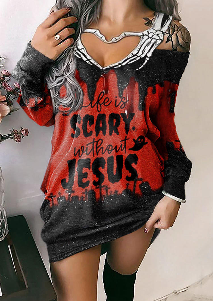 Halloween Skeleton Hand Life Is Scary Without Jesus Cold Shoulder Mini Dress