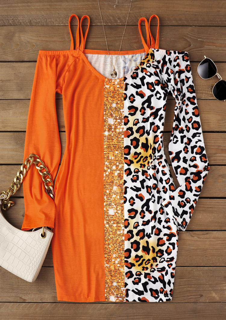 

Mini Dresses Leopard Color Block Glitter Hollow Out Pocket Cold Shoulder Mini Dress in Orange. Size: L,M,,XL