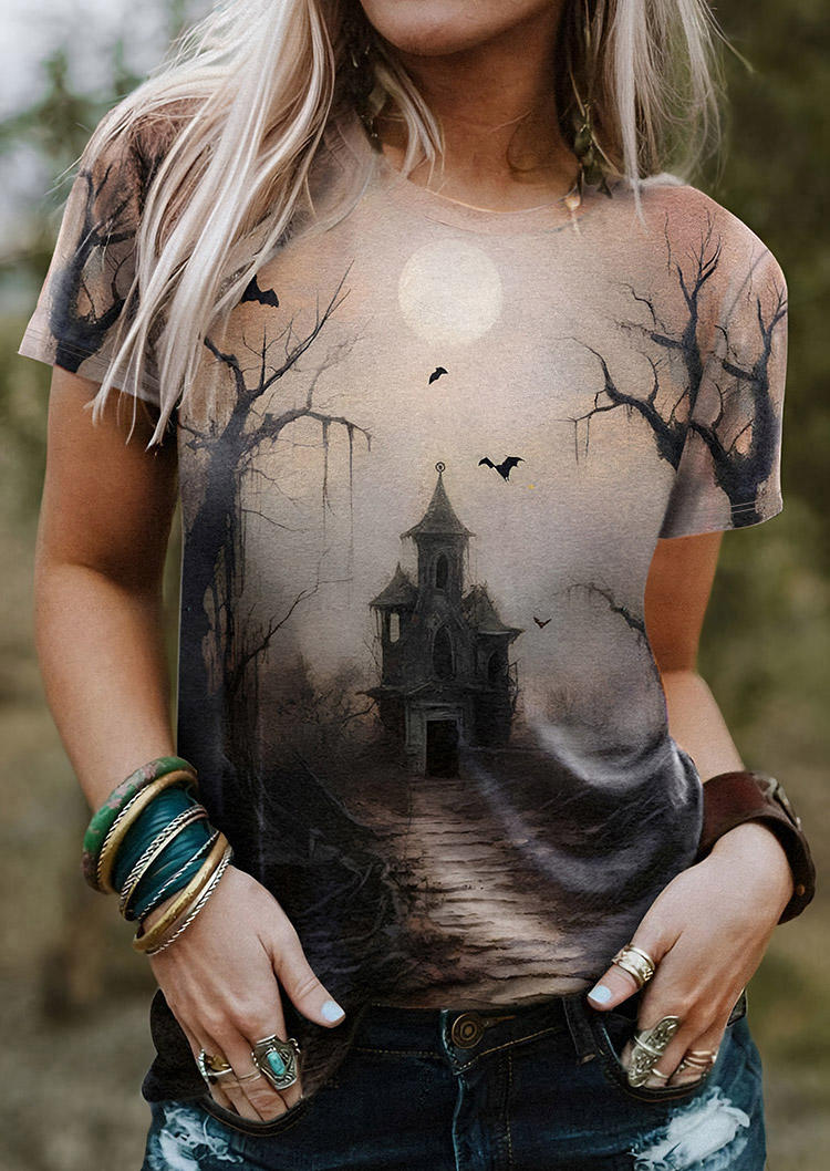 Halloween Haunted House Bat O-Neck T-Shirt Tee