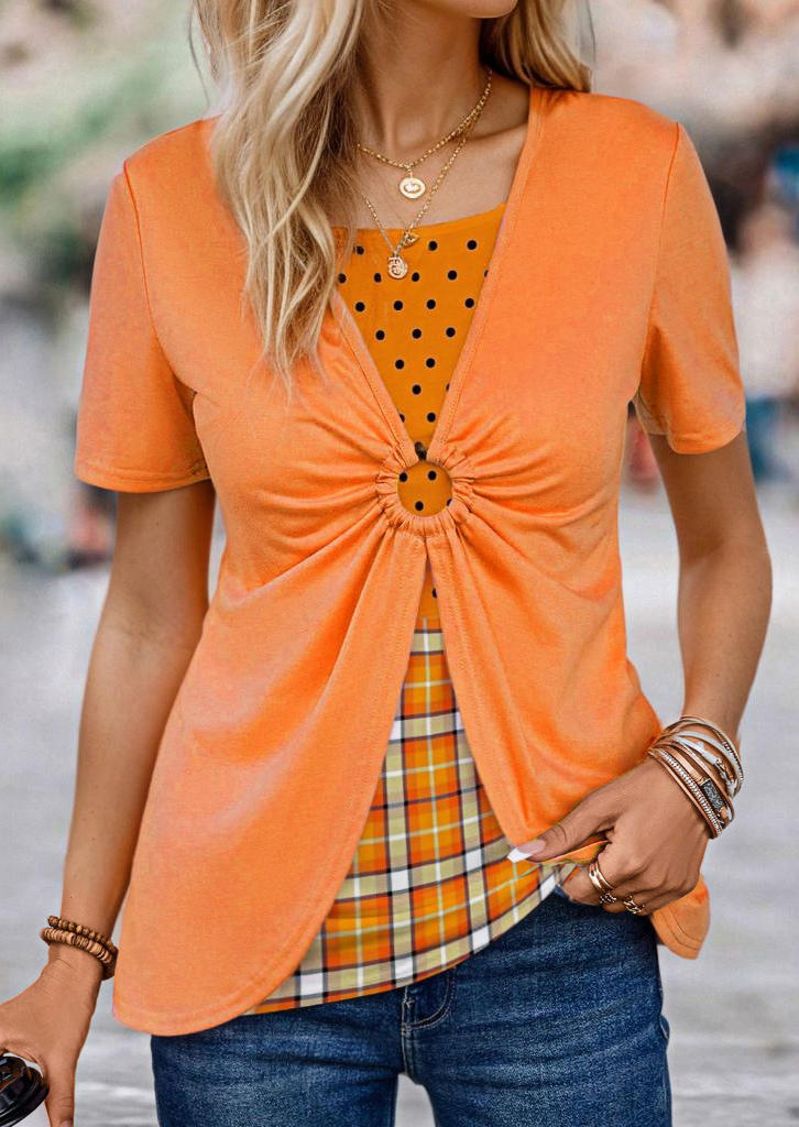 Polka Dot Plaid Ruched Fake Two-Piece Blouse - Orange