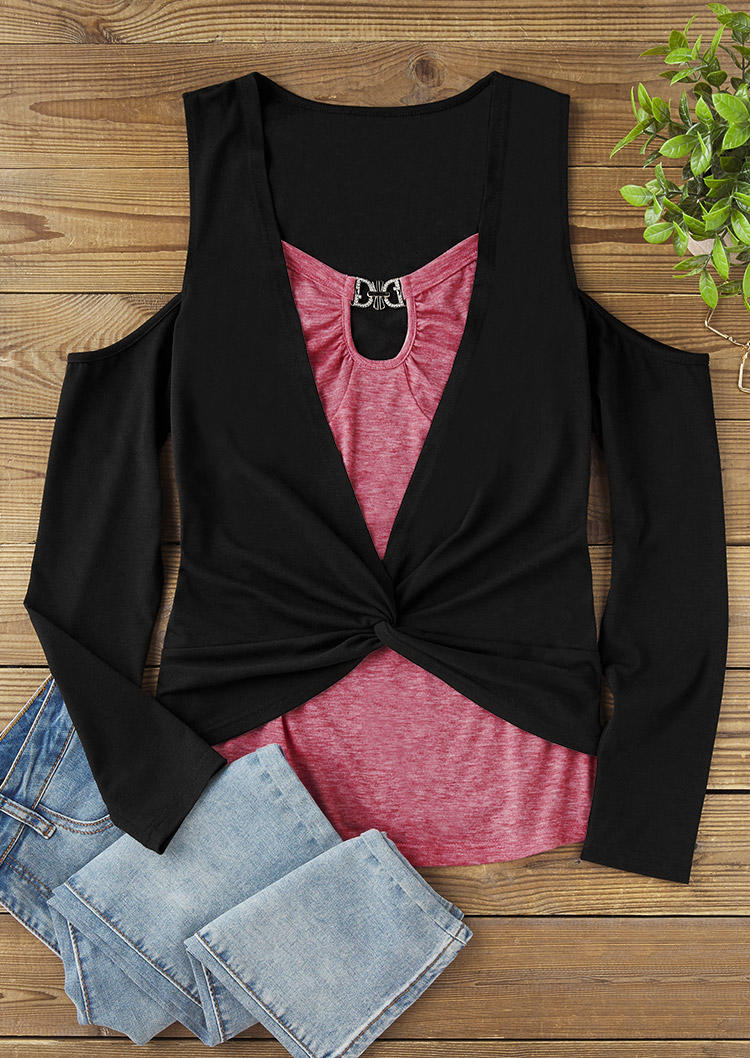 

Blouses Color Block Rhinestone Cold Shoulder Fake Two-Piece Blouse in Black. Size: ,XL