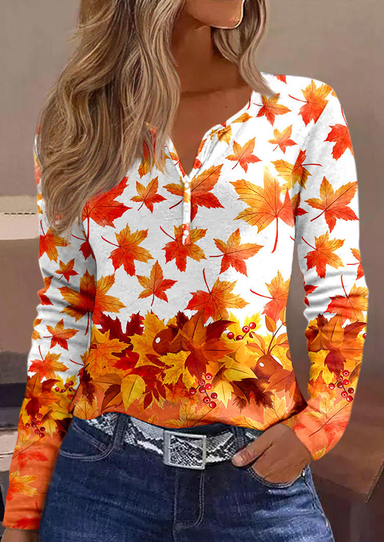 Maple Leaf Button Long Sleeve Blouse