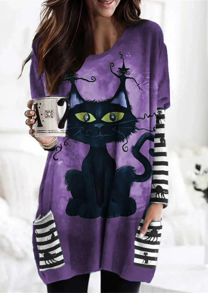 Halloween Cat Striped Pocket Mini Dress