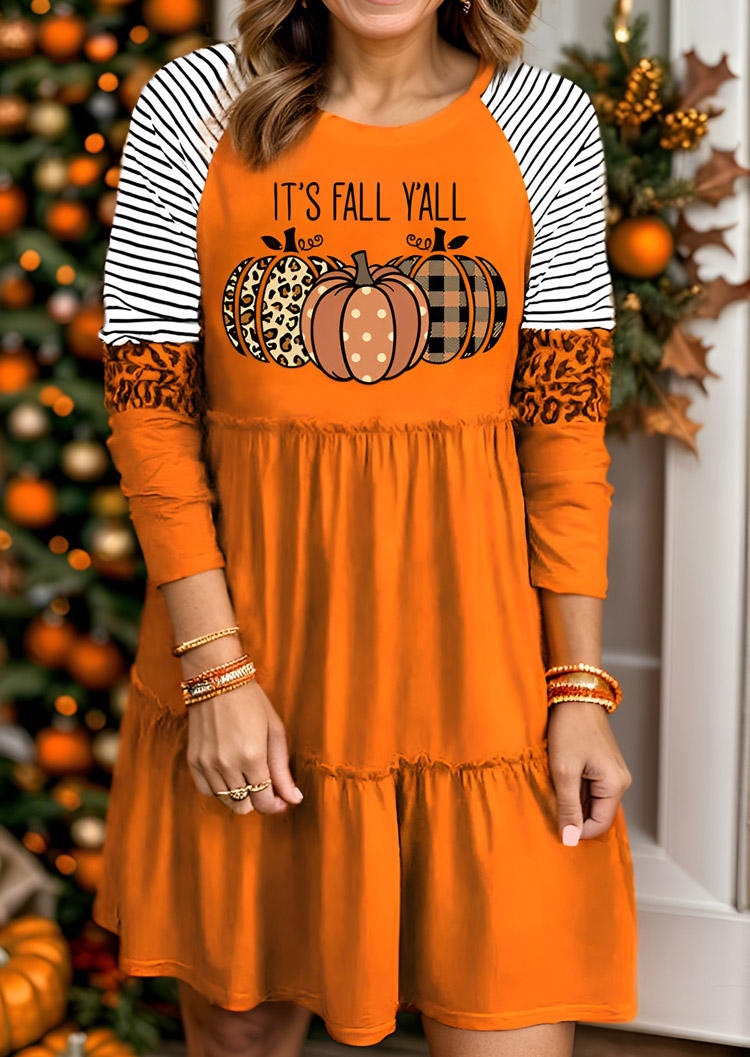 

Mini Dresses It' Fall Y'all Leopard Plaid Dot Pumpkin Striped Mini Dress in Orange. Size: M