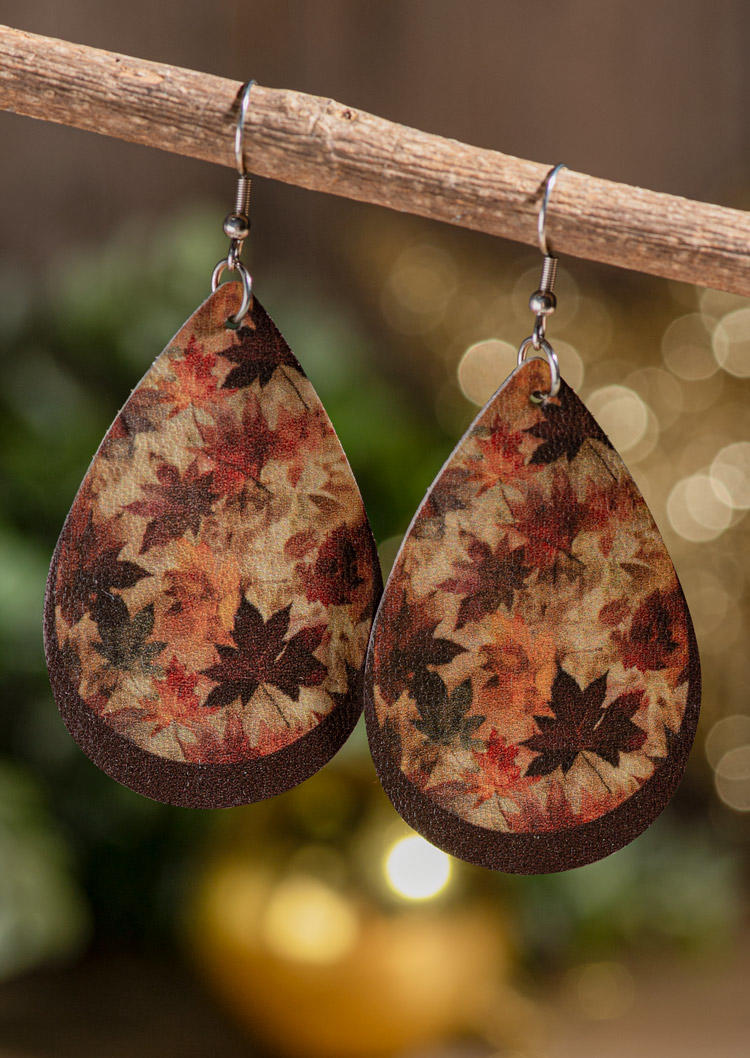 Maple Leaf Double-Layered PU Leather Water Drop Earrings