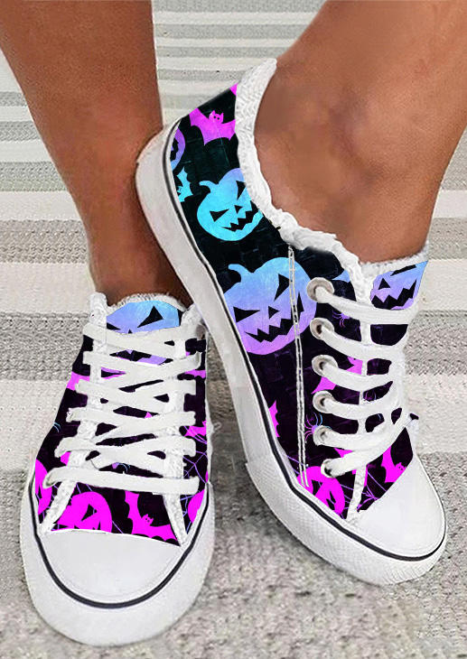 Halloween Gradient Pumpkin Face Bat Spider Lace Up Flat Sneakers