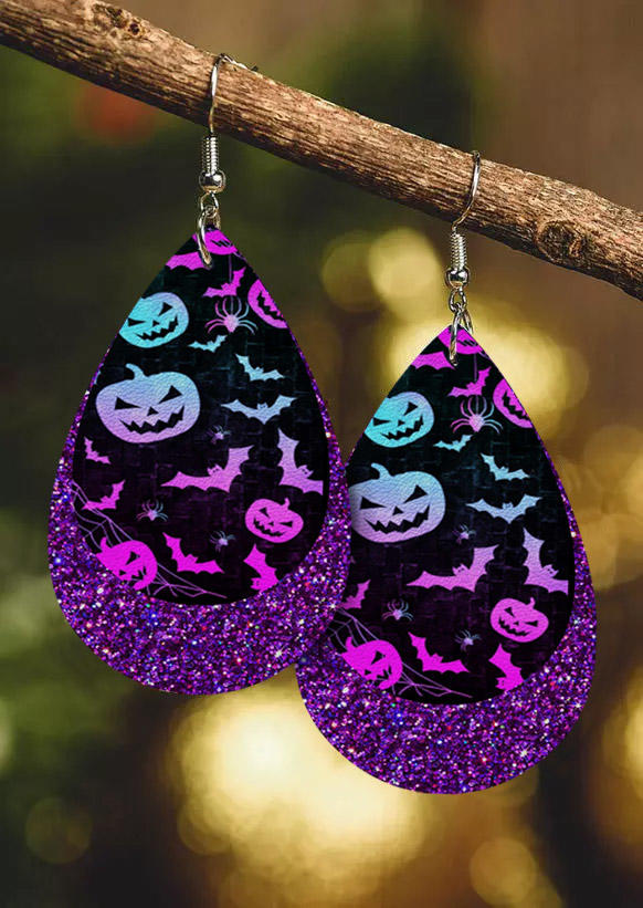 

Earrings Halloween Gradient Pumpkin Face Bat Spider Double-Layered Earrings in Purple. Size