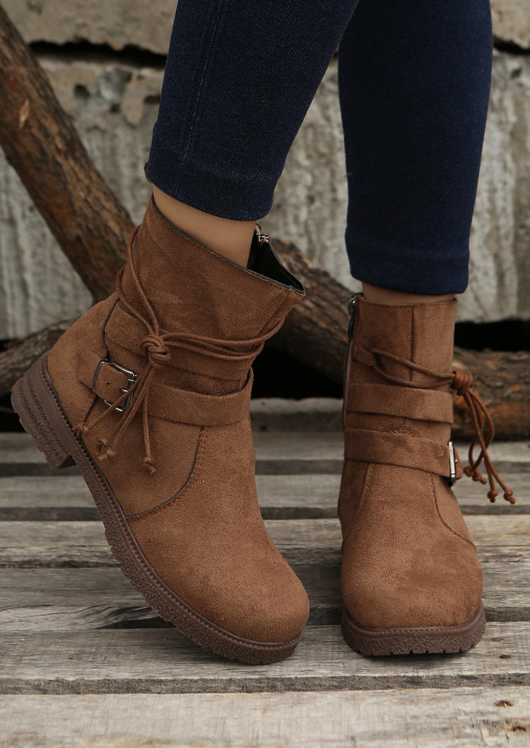 Zipper Buckle Strap Tie Boots - Brown