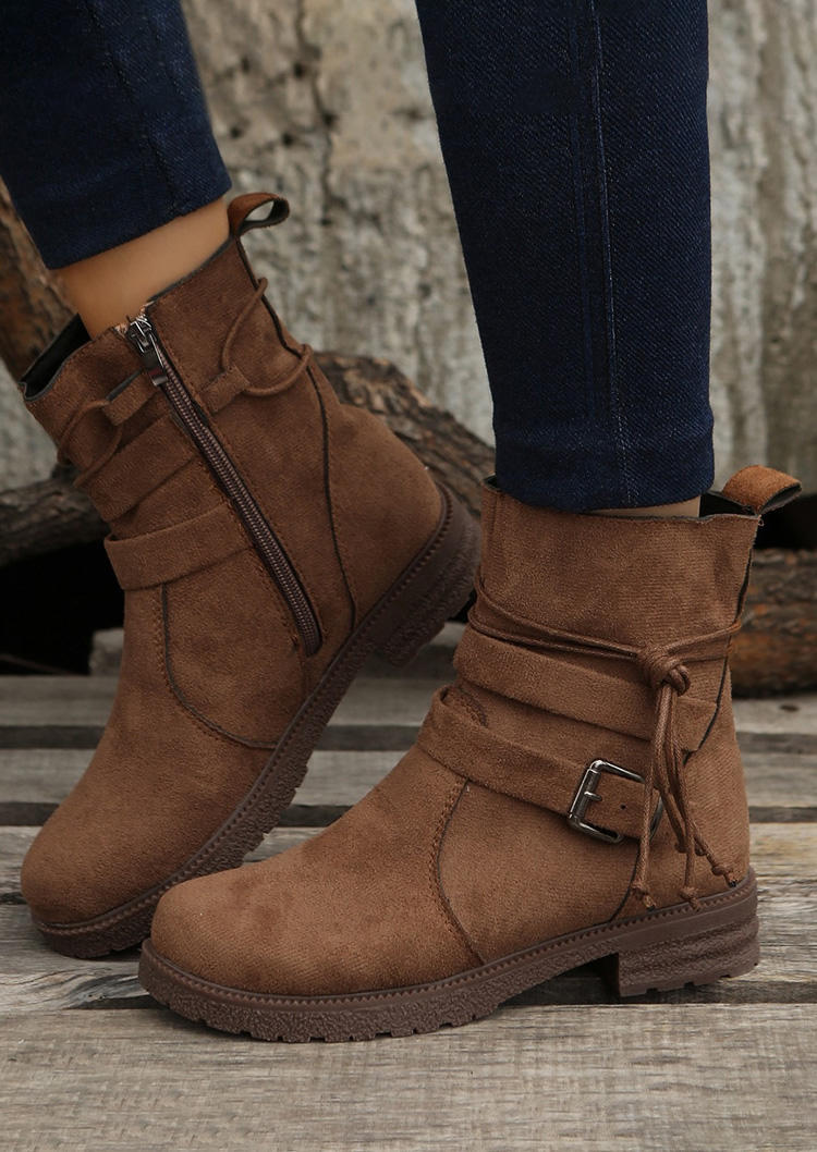 

Boots Zipper Buckle Strap Tie Boots in Brown. Size: ,40