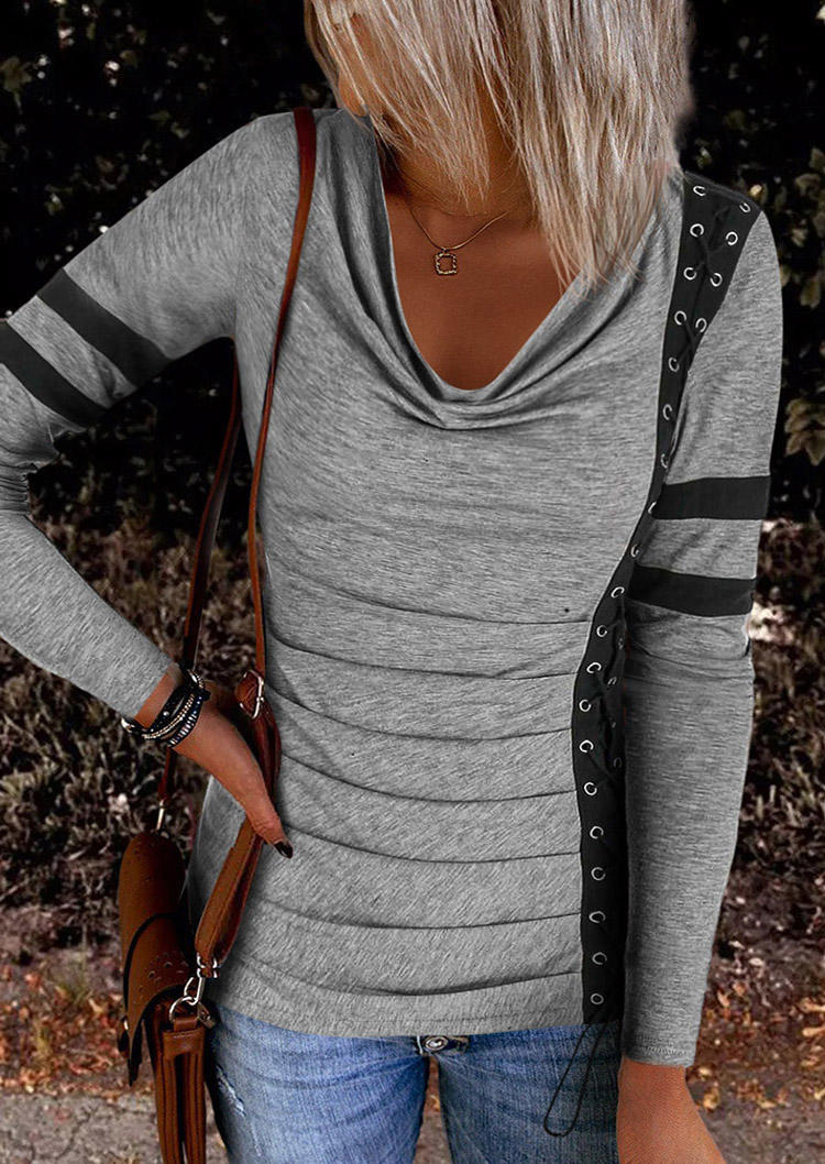 

Blouses Striped Ruched Lace Up Cowl Neck Blouse in Gray. Size: L,M,,XL