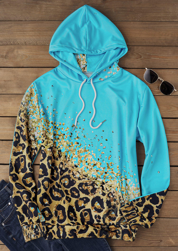 

Hoodies Leopard Drawstring Kangaroo Pocket Hoodie in Multicolor. Size