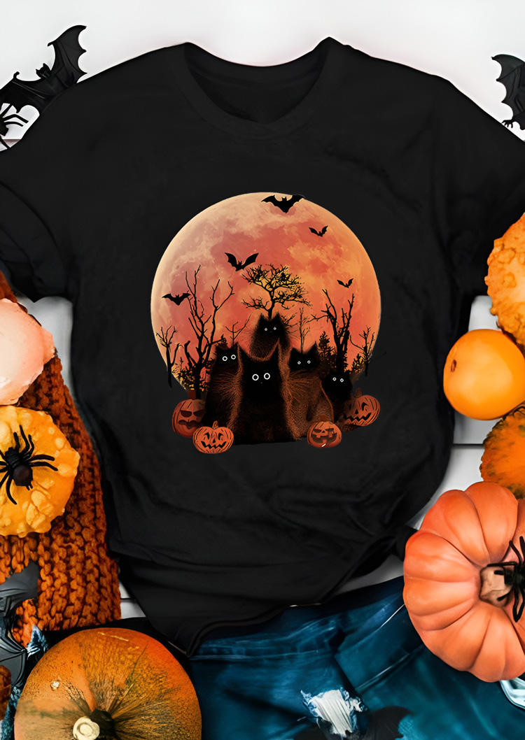 

T-shirts Tees Halloween Bat Cat Pumpkin Face Moon Silhouette T-Shirt Tee - Black in Black. Size