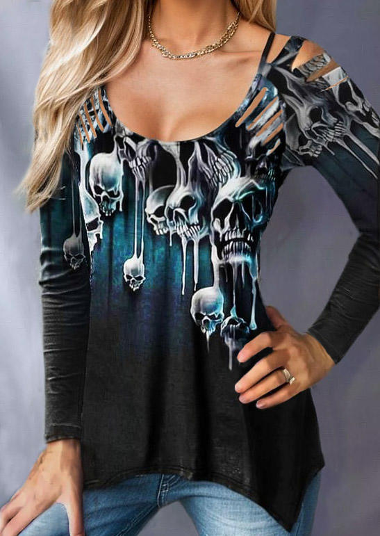 

Blouses Halloween Skull Cut Out Long Sleeve Blouse in Black. Size: L,M,,XL