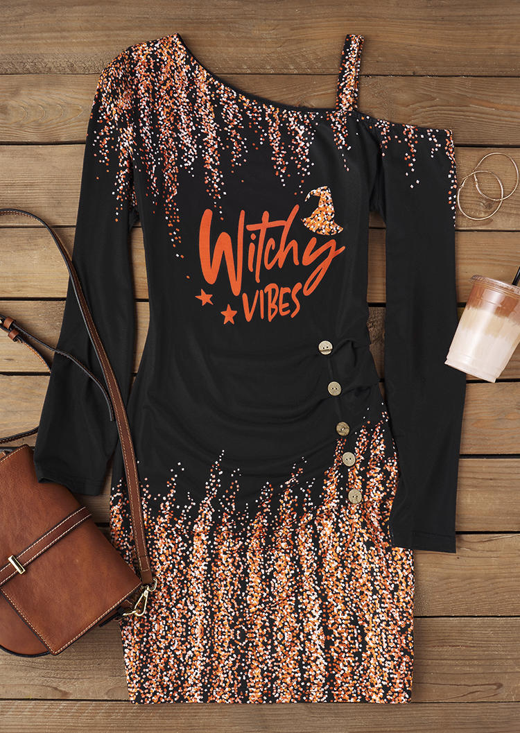 

Mini Dresses Halloween Witchy Vibes Button One Sided Cold Shoulder Mini Dress in Black. Size: L,M,,XL