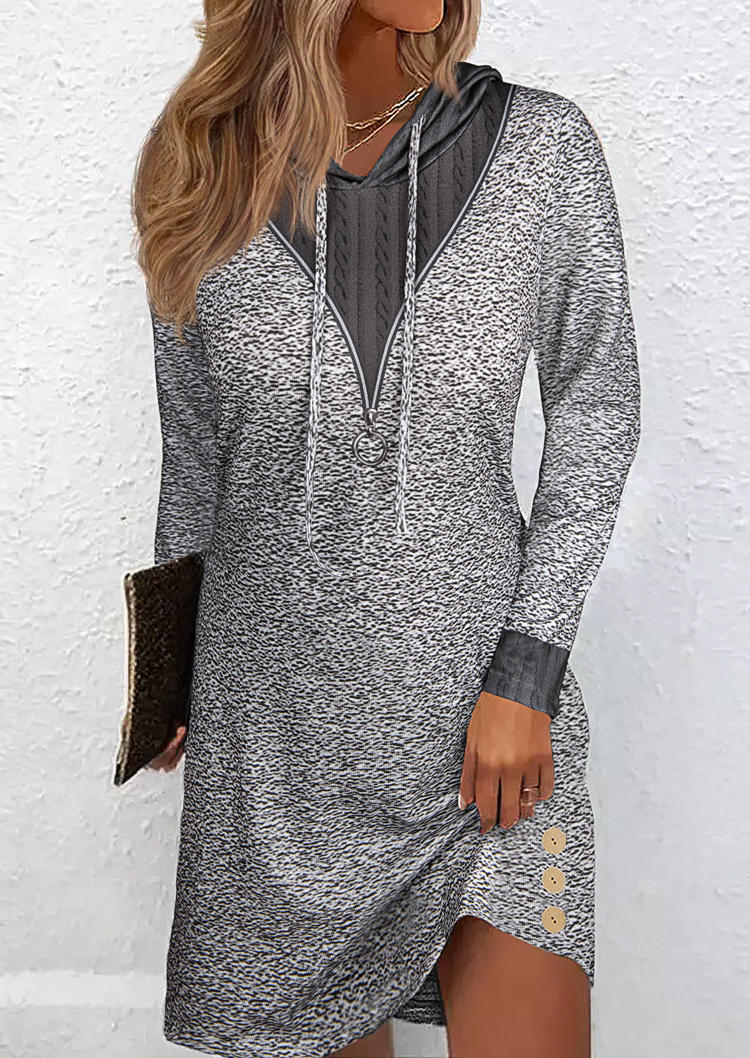 Button Fake Zipper Drawstring Hooded Mini Dress - Gray