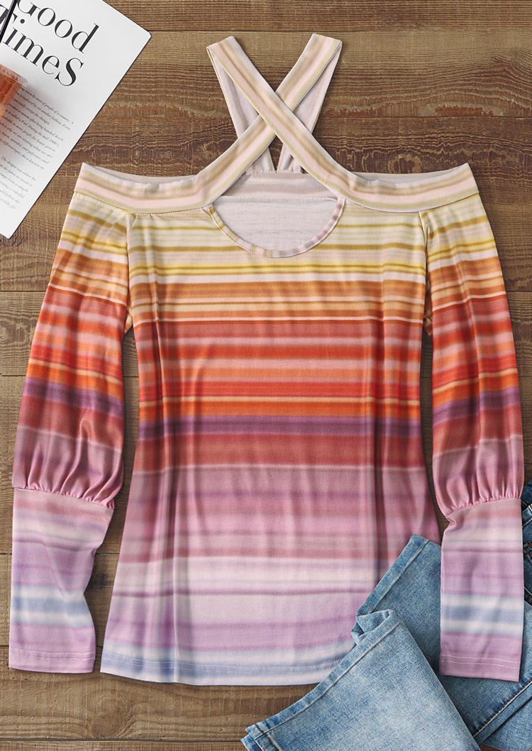 

Blouses Gradient Striped Halter Cold Shoulder Blouse in Multicolor. Size: L,M