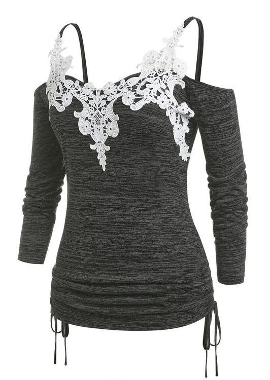 

Blouses Drawstring Lace Splicing Cold Shoulder Blouse - Dark Grey in Gray. Size: L,M,,XL