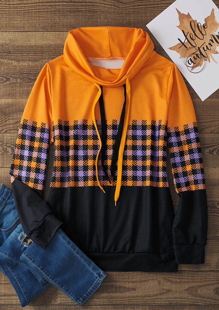 Plaid Color Block Drawstring Sweatshirt