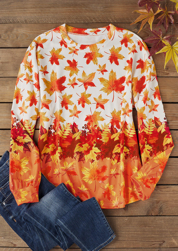 

Sweatshirts Maple Leaf Slit Long Sleeve O-Neck Sweatshirt in Orange. Size: L