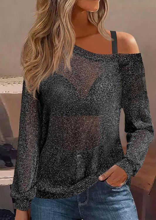 Glitter One Sided Cold Shoulder Blouse - Black