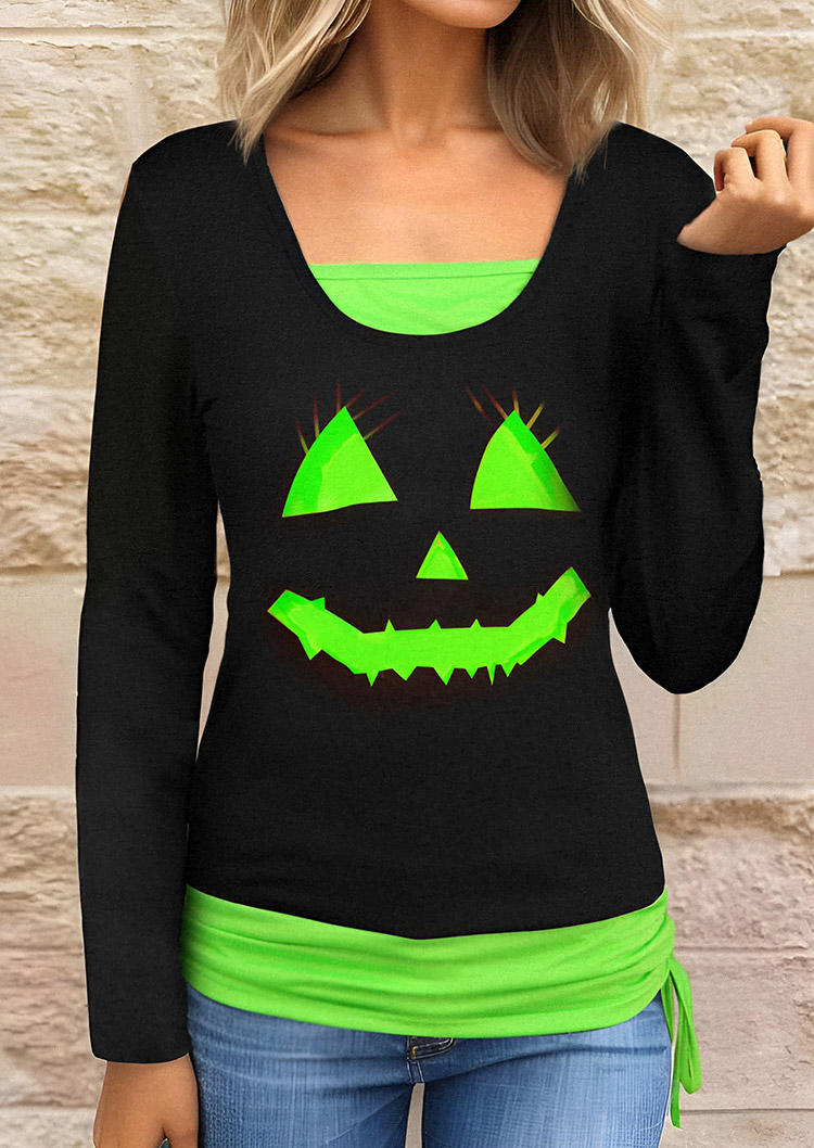 Halloween Pumpkin Face Drawstring Fake Two-Piece Blouse - Black