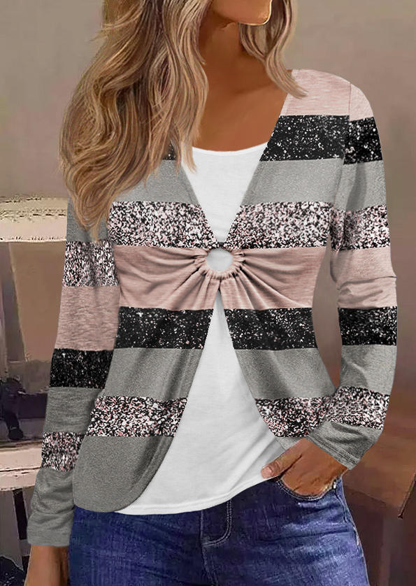Color Block Glitter Ruched Fake Two-Piece Blouse