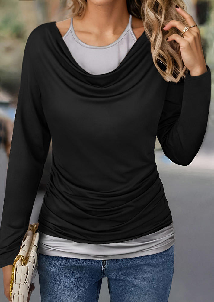 Color Block Draped Long Sleeve Fake Two-Piece Blouse - Black