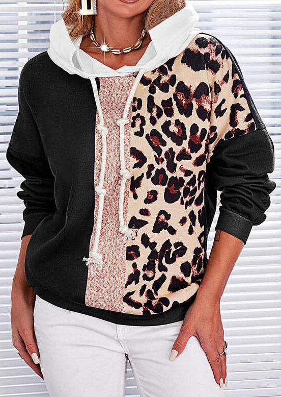 

Hoodies Leopard Color Block Drawstring Hoodie in Multicolor. Size: L,M