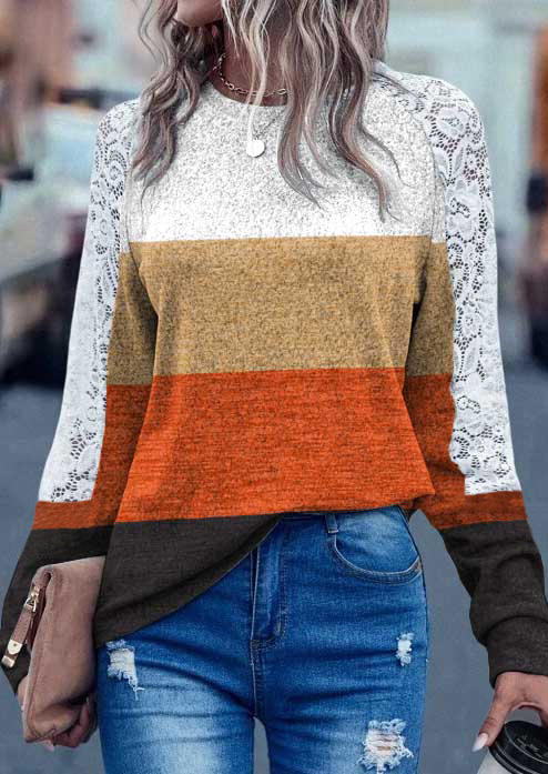 Color Block Lace Splicing O-Neck Blouse