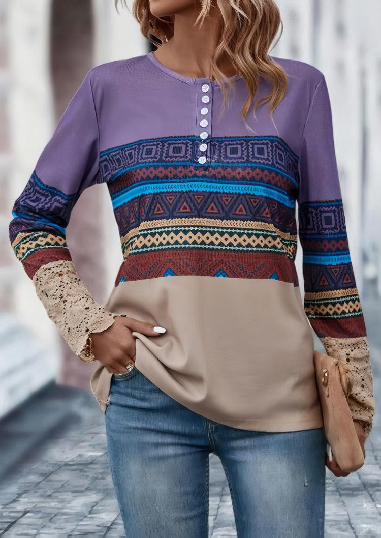 

Blouses Aztec Geometric Button Lace Splicing Blouse in Multicolor. Size: L,M,,XL