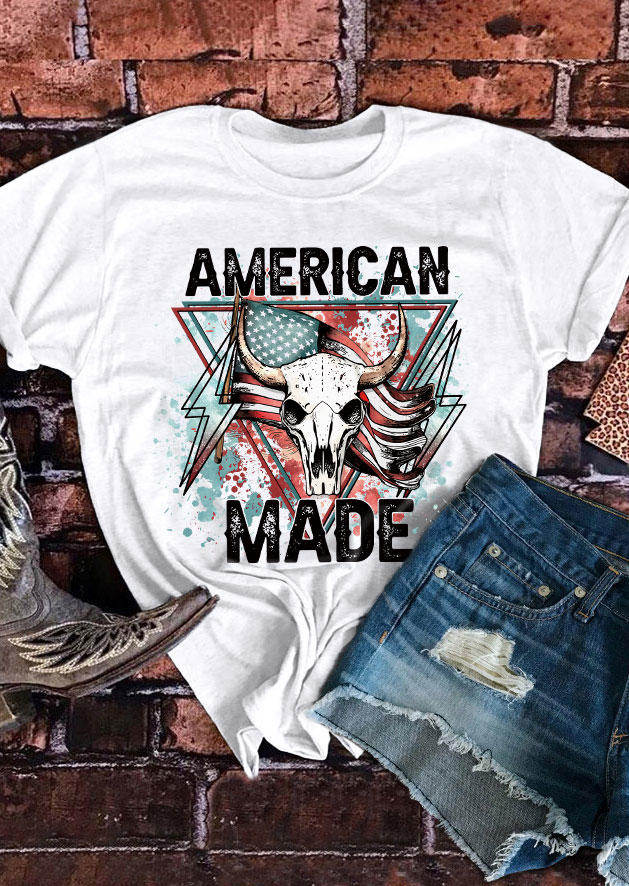 

T-shirts Tees American Made Steer Skull Star O-Neck T-Shirt Tee in White. Size