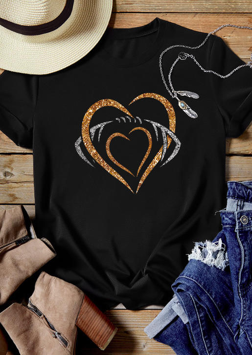 Heart Glitter O-Neck T-Shirt Tee - Black